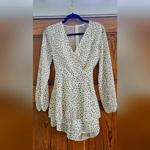 White & Blk Long Sleeve Shorts Romper Wrap Style Front, Tie Back, Sheer Overlay.